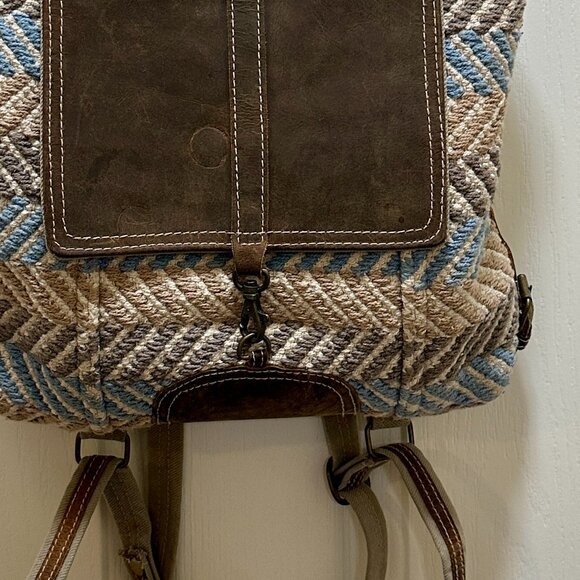 Myra Bag Backpack Brown Leather Canvas Macrame Textile Tote Boho Up Cycle Bag - Picture 8 of 16